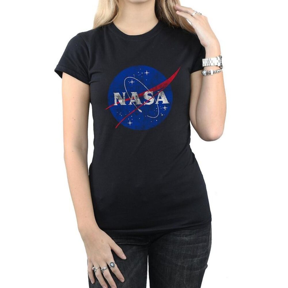 NASA Womens/Ladies Insignia Distressed Logo Cotton T-Shirt / Black